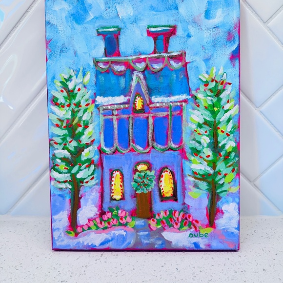 Original Holiday Painting Decorative Christmas House Whimsical Landscape 9"x12" - Picture 5 of 10